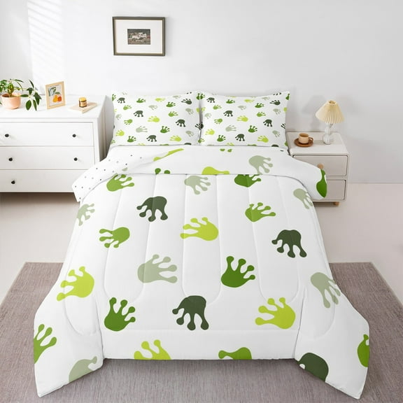 Castle Fairy Green Frog 3 Pieces Queen Comforter Set for Kids,Animal Paw Print Ultra Soft Bedding Sets,Cartoon Animal Bedding Comforter Set,Super Cozy Room Decor