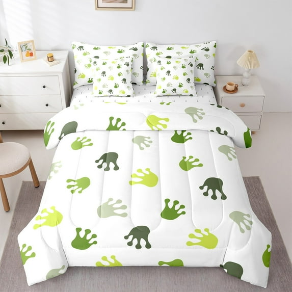 Castle Fairy Green Frog 7-Piece Twin Bedding Sets for Kids,Animal Paw Print Bedding Comforter Set,Cartoon Animal Breathable Sheet Sets,Super Cozy Room Decor