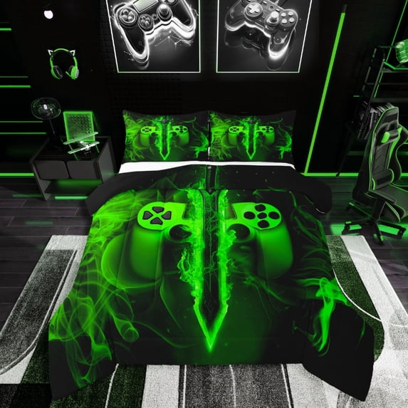 Castle Fairy Green Gamepads 2pcs Bedding Comforter Set for Teens,Gradient Lightsaber Twin Comforter Sets,Video Game Breathable Bedding Set,Super Cozy Room Decor