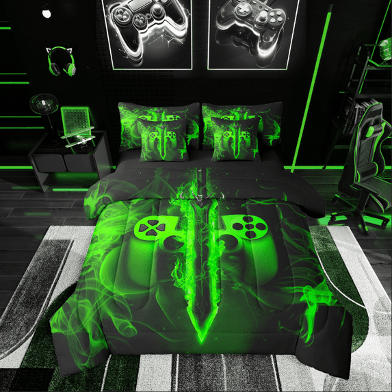Castle Fairy Green Gamepads 7 Pieces Bedding Comforter Set for Teens,Gradient Lightsaber Full Bedding Set Lightweight,Video Game Fitted Sheet Flat Sheet,Super Cozy Room Decor