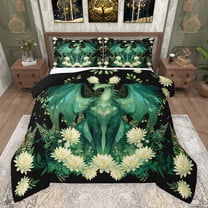Castle Fairy Green Magical Dragon Bedding Comforter Set 2pcs for Children Teens Adults,Chic Floral Flowers Twin Comforter Sets Microfiber,Retro Vintage Aesthetic Breathable Bedding Set