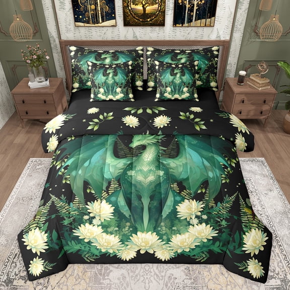 Castle Fairy Green Magical Dragon Bedding Comforter Set 7-Piece for Children Teens Adults,Chic Floral Flowers King Bedding Sets,Retro Vintage Aesthetic Ultra Soft Bed Sheets,Lightweight Room Decor
