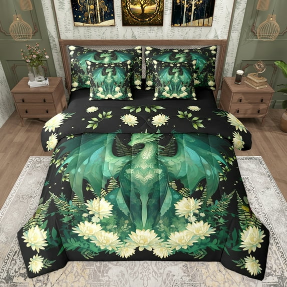 Castle Fairy Green Magical Dragon Twin Bedding Sets 7-Piece for Children Teens Adults,Chic Floral Flowers Bedding Comforter Set Microfiber,Retro Vintage Aesthetic Breathable Sheet Sets
