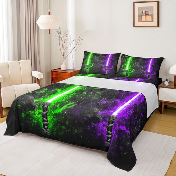 Castle Fairy Green Purple Lightsaber 4 Pieces Queen Sheet Sets for Boys Girls,Universe Galaxy Ultra Soft Flat Sheet,Video Game Gamepads Queen Fitted Sheet,Super Cozy Room Decor