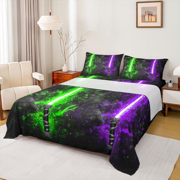Castle Fairy Green Purple Lightsaber Twin Sheet Sets 3pcs for Boys Girls,Universe Galaxy Twin Fitted Sheet Microfiber,Video Game Gamepads Breathable Flat Sheet,Super Cozy Room Decor