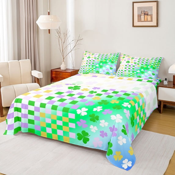 Castle Fairy Green Purple Yellow Checkered 4 Pieces Queen Sheet Sets for Boys Girls,St. Patrick's Day Ultra Soft Flat Sheet,Gradient Four Leaf Clover Queen Fitted Sheet,Super Cozy Room Decor