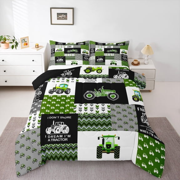 Castle Fairy Green Truck 2pcs Bedding Comforter Set,Geometric Plaid Twin Comforter Sets,Cartoon Car Breathable Bedding Set,Ultra Soft Tractor Home Decor,Reversible