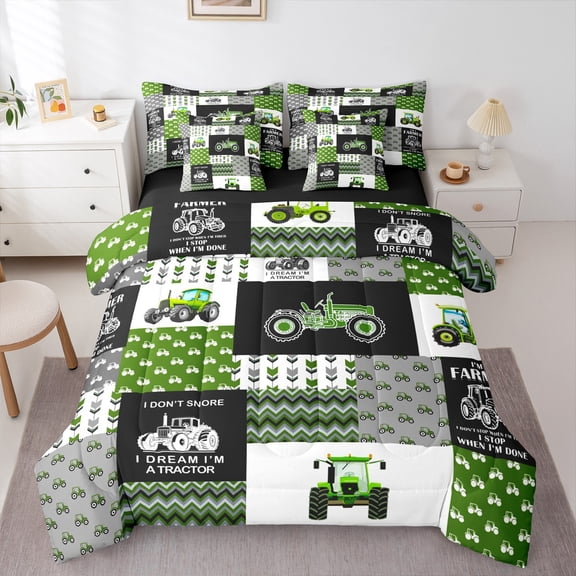 Castle Fairy Green Truck 7-Piece Bedding Comforter Set,Geometric Plaid King Bedding Sets,Cartoon Car Ultra Soft Bed Sheets,Ultra Soft Tractor Home Decor,Reversible