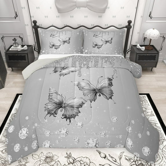 Castle Fairy 2-Piece Twin Size Comforter Set - Grey Floral Butterflies Print