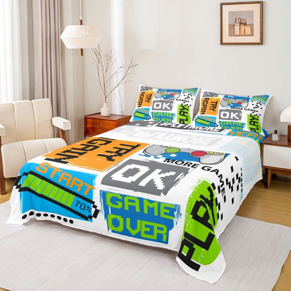 Castle Fairy Grey Gamepads Boy 4 Pieces Queen Sheet Sets,Abstract Vintage Ultra Soft Flat Sheet,Video Game Queen Fitted Sheet,Super Cozy Room Decor