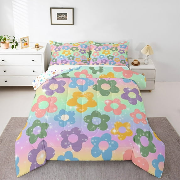 Castle Fairy Groovy Flower 2pcs Bedding Comforter Set,Starry Sky Twin Comforter Sets,Gradient Rainbow Breathable Bedding Set,Microfiber Girls Bedroom Decor,Reversible