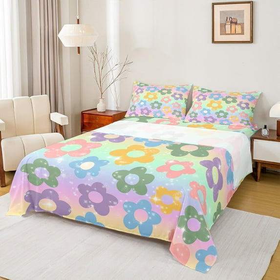 Castle Fairy Groovy Flower 4 Pieces Queen Sheet Sets,Starry Sky Ultra Soft Flat Sheet,Gradient Rainbow Queen Fitted Sheet,Microfiber Girls Bedroom Decor