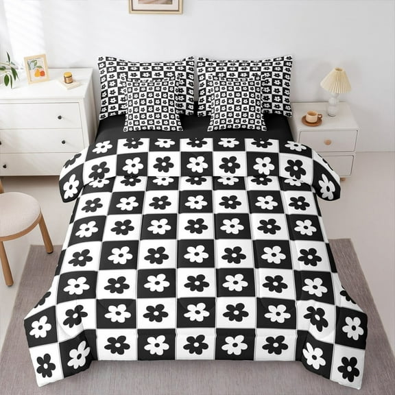 Castle Fairy Groovy Flower 7-Piece Twin Bedding Sets for Teenagers,Black White Bedding Comforter Set,Geometric Plaid Breathable Sheet Sets,Breathable Home Decor