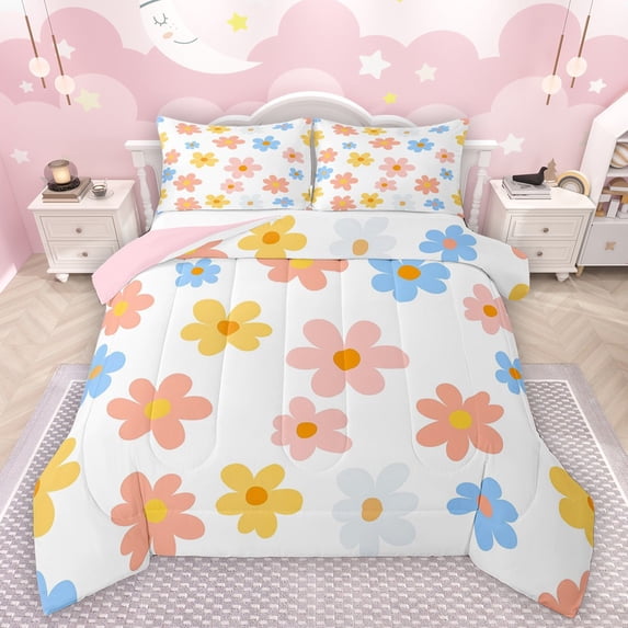 Castle Fairy Groovy Flowers 3 Pieces Queen Comforter Set for Kids Teens,Chic Floral Blossoms Ultra Soft Bedding Sets,Spring Garden Bedding Comforter Set Breathable,Lightweight Room Decor,Reversible