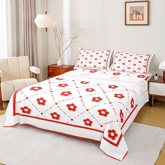 Castle Fairy Groovy Flowers 4 Pieces Queen Sheet Sets for Boys Girls,Geometric Plaid Grid Ultra Soft Flat Sheet,Red White Queen Fitted Sheet,Ultra Soft Home Decor