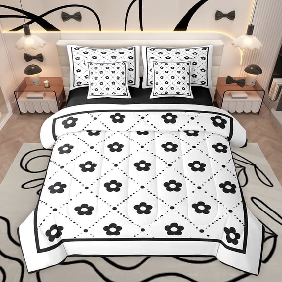 Castle Fairy Groovy Flowers Bedding Comforter Set 7-Piece for Boys Girls,Geometric Plaid Grid King Bedding Sets,Black White Ultra Soft Bed Sheets,Ultra Soft Home Decor,Reversible