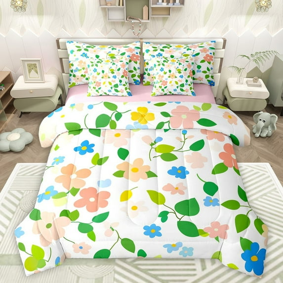 Castle Fairy Groovy Flowers Bedding Comforter Set 7 Pieces for Kids Teens,Chic Floral Blossoms Full Bedding Set Lightweight,Spring Garden Fitted Sheet Flat Sheet,Lightweight Room Decor,Reversible