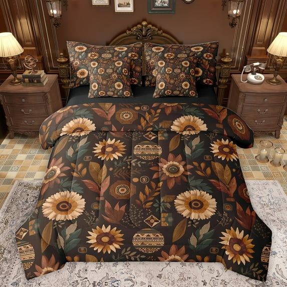 Castle Fairy Groovy Flowers Boy Girl Bedding Comforter Set 7 Pieces,Vintage Aesthetic Full Bedding Set Lightweight,Chic Floral Blossoms Fitted Sheet Flat Sheet,Microfiber Bedroom Decor,Reversible