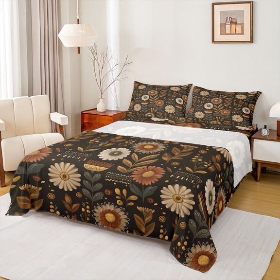 Castle Fairy Groovy Flowers Boy Girl Twin Sheet Sets 3pcs,Vintage Aesthetic Twin Fitted Sheet Microfiber,Chic Floral Blossoms Breathable Flat Sheet,Microfiber Bedroom Decor