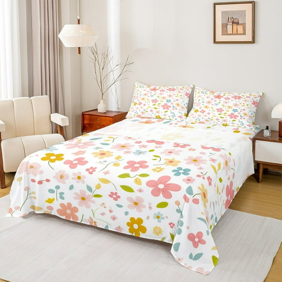 Castle Fairy Groovy Flowers Twin Sheet Sets 3pcs for Kids Teens,Chic Floral Blossoms Twin Fitted Sheet Microfiber,Spring Garden Breathable Flat Sheet,Lightweight Room Decor