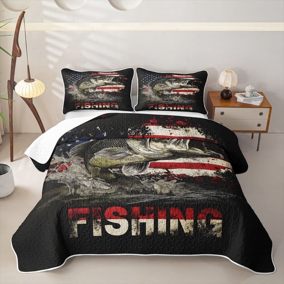 Castle Fairy Grunge American Flag Bass Fishing Bed Spread Queen,Splash Text Rustic Outdoor Graphic Queen Coverlet Set,Red Black