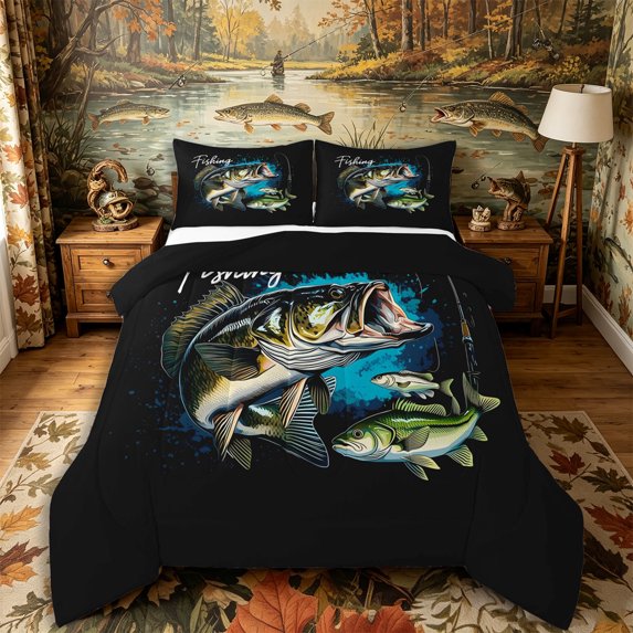 Castle Fairy Grunge Bass Fishing Graphic Full Size Comforter Sets 3-Piece,Rod Splash Text Black Background Poster Bedding Comforter Set,Cyan Black,Black Reversible,1 Comforter and 2 Pillowcases