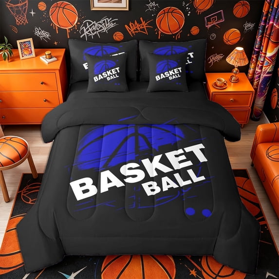 Castle Fairy Grunge Blue Basketball Print Queen Bedding 7pcs, Urban Sports Themed Bedding Comforter Set Queen, Black Blue,Black Reversible