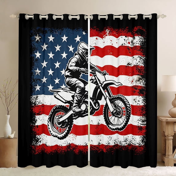 Castle Fairy Grunge Dirt Bike Black Out Curtains for Teens, Flag Print Curtains Pack of 2 (42x63 Each) for Bedroom, Red White