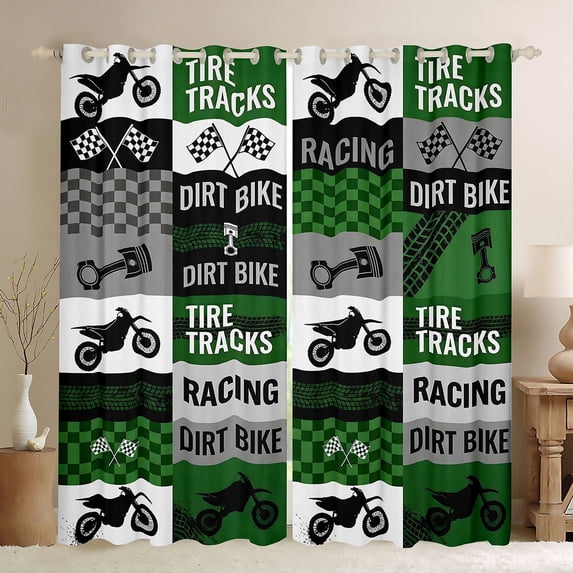 Castle Fairy Grunge Dirt Bike Blackout Curtains Set of 2 (52x84 Each) for Boys, Racing Flag Window Curtains for Bedroom, Green Black