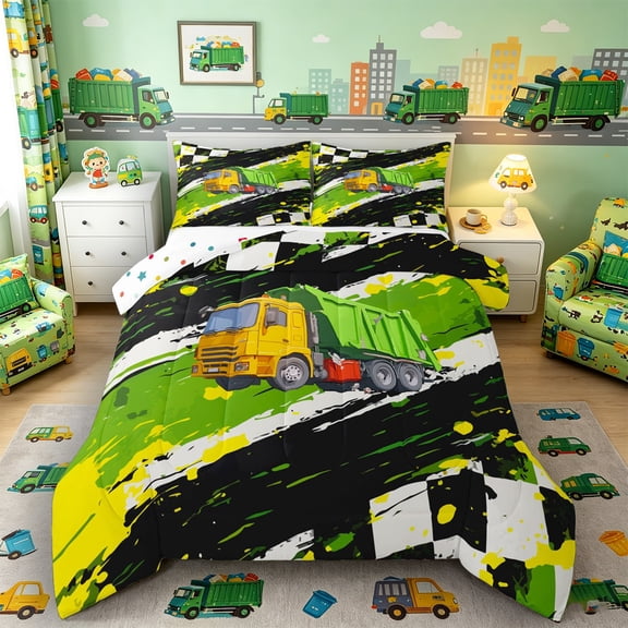 Castle Fairy Grunge Garbage Truck Queen Comforter Set 3pcs for Boys, Race-Inspired Dump Truck Bedding Comforter Set for Bedroom, Green Yellow