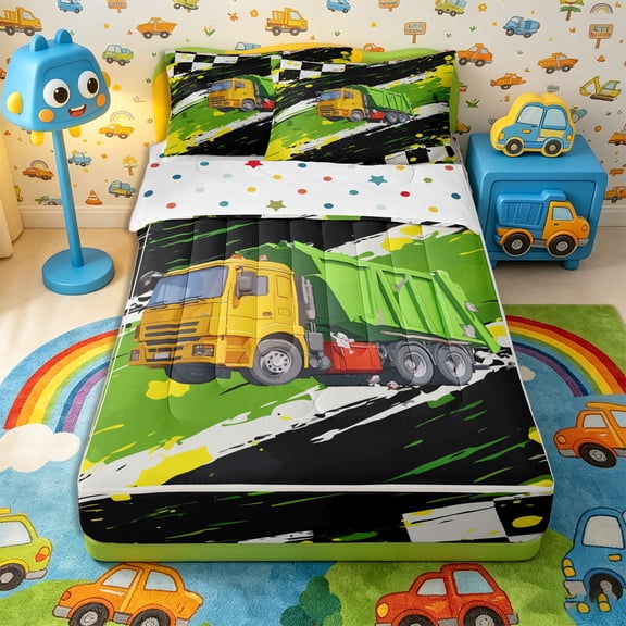 Castle Fairy Grunge Garbage Truck Zipper Full Size Comforter Sets with Fitted Sheet and 2 Pillowcases for Boys,Race-Inspired Dump Truck Zipper Bedding Set for Bedroom,Green Yellow,4pcs,Reversible