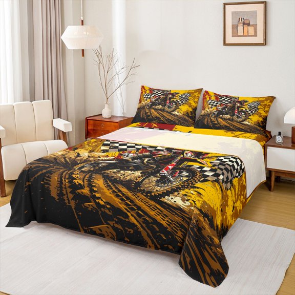 Castle Fairy Grunge Motocross Bed Sheets 4pcs for Teens, Muddy Track Flags King Sheets for Extreme Bedroom, Red Yellow