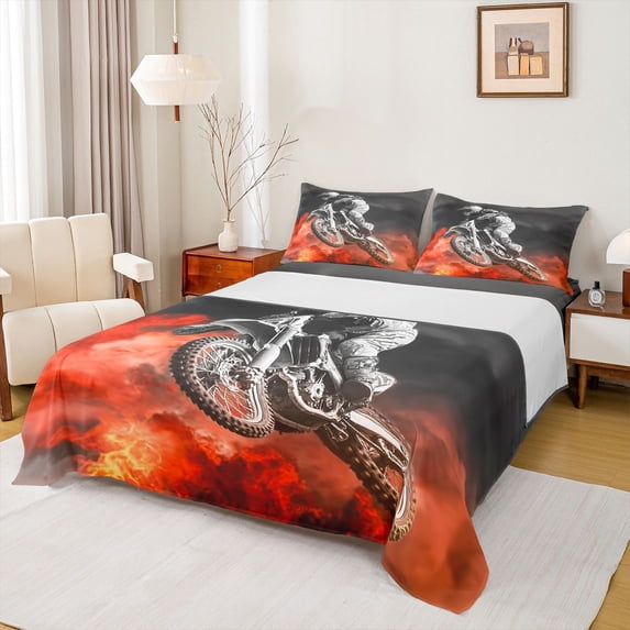 Castle Fairy Grunge Motocross Bike Queen Sheet Sets 4 Pieces for Youth, Intense Off-Road Graphic Bed Set for Bedroom, Black Red