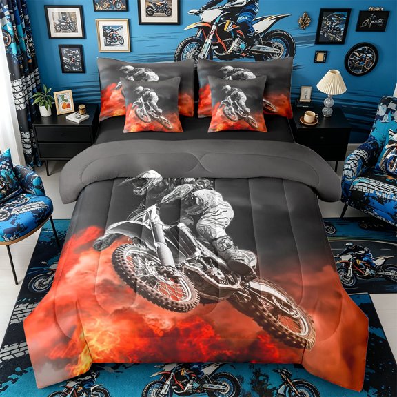 Castle Fairy Grunge Motocross Bike Twin Bedding Sets 7-Piece for Youth, Intense Off-Road Graphic Bedding Comforter Set for Bedroom, Black Red,Black Reversible