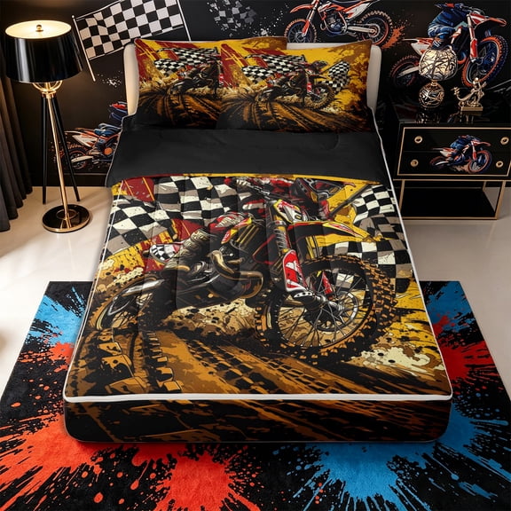 Castle Fairy Grunge Motocross Zipper Twin Comforter Sets with Fitted Sheet and 2 Pillowcases,Muddy Track Flags Zipper Bedding Set for Extreme Bedroom,Red Yellow,4-Piece,Black Reversible