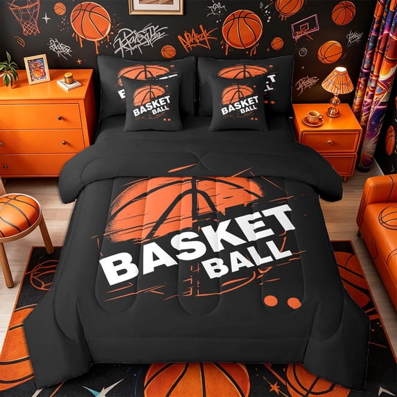Castle Fairy Grunge Orange Basketball Print Full Size Bedding Sets 7 Pieces, Urban Sports Themed Full Size Bed in a Bag, Black Orange,Black Reversible