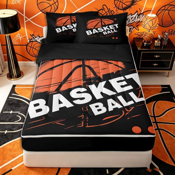 Castle Fairy Grunge Orange Basketball Print Zipper Twin Comforter Sets with Fitted Sheet and 2 Pillowcases, Urban Sports Themed Zipper Bedding Set, Black Orange,4-Piece,Black Reversible