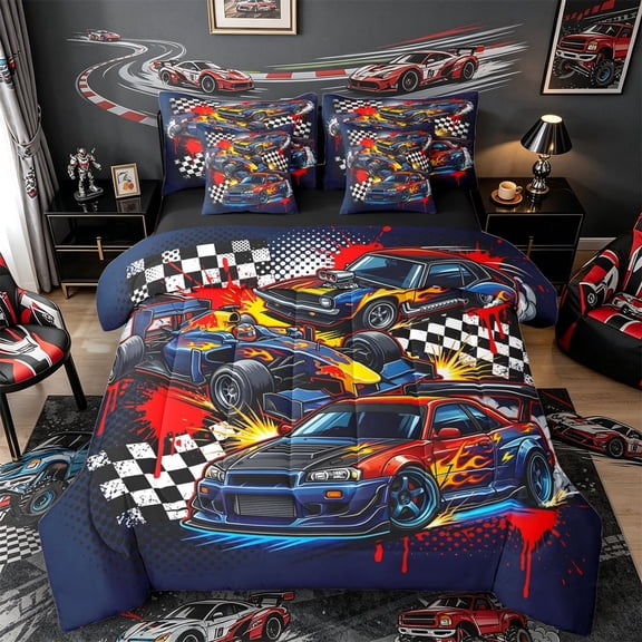 Castle Fairy Grunge Race Car Twin Bedding Sets 7-Piece for Boys, Checkered Flag Print Bedding Comforter Set for Bedroom, Blue Red Black,Black Reversible