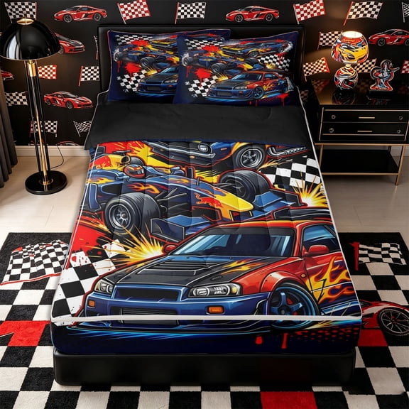 Castle Fairy Grunge Race Car Zipper Twin Comforter Sets with Fitted Sheet and 2 Pillowcases for Boys,Checkered Flag Print Zipper Bedding Set for Bedroom,Blue Red Black,4-Piece,Black Reversible