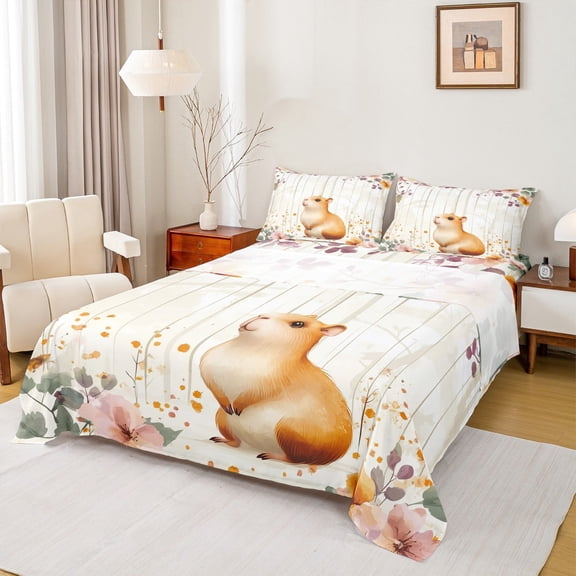 Castle Fairy Guinea Pig 4 Pieces Queen Sheet Sets,Lodge Cabin Ultra Soft Flat Sheet,Cartoon Animal Queen Fitted Sheet,Ultra Soft Floral Home Decor