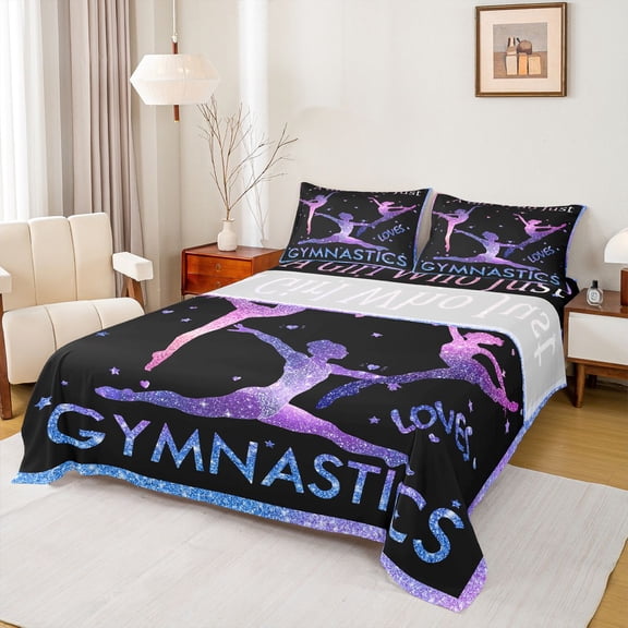 Castle Fairy Gymnast Girl Twin Sheet Sets 3pcs for Children Teens Adults,Gradient Bling Glitter Twin Fitted Sheet Microfiber,Dreamy Princess Breathable Flat Sheet,Ultra Soft Home Decor