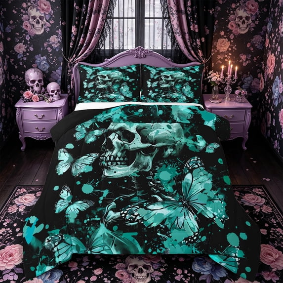 Castle Fairy Halloween Butterfly Skull King Size Comforter Sets 3pcs,Abstract Gothic Splash Comforters King Size,Teal Blacks,1 Comforter and 2 Pillowcases,Black Reversible