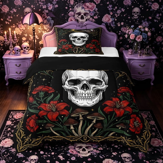 Castle Fairy Halloween Butterfly Skull Twin Comforter Sets 2pcs,Botanical Lily Mushroom Crescent Border Bedding Set,Gold Black,1 Comforter and 1 Pillowcase,Black Reversible