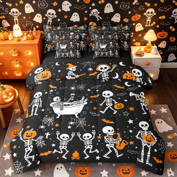 Castle Fairy Halloween Cartoon Skeleton Queen Bedding 7pcs,Kawaii Pumpkin Bat Bedding Comforter Set Queen,Orange White Black,Black Reversible