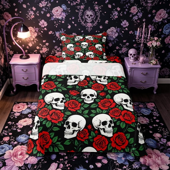 Castle Fairy Halloween Floral Skull Twin Sheets 3pcs,Gothic Flower Red Rose Bedding,Ivory Red Black,1 Fitted Sheet,1 Flat Sheet and 1 Pillowcase