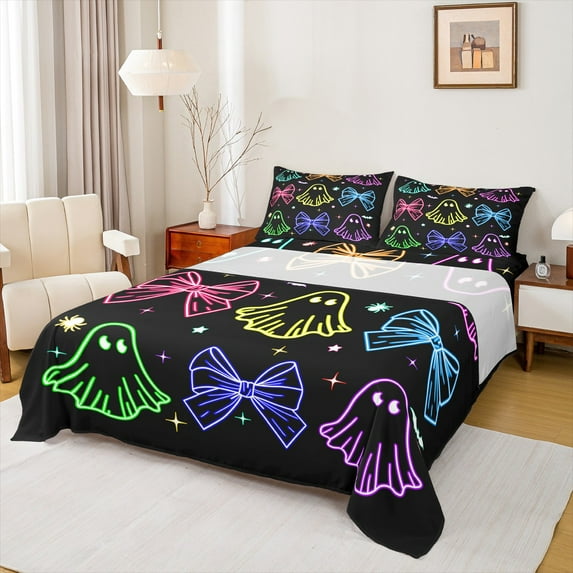 Castle Fairy Halloween Ghost 4 Pieces Queen Sheet Sets for Teens,Colorful Bowknot Ultra Soft Flat Sheet,Stars Print Queen Fitted Sheet,Breathable Home Decor