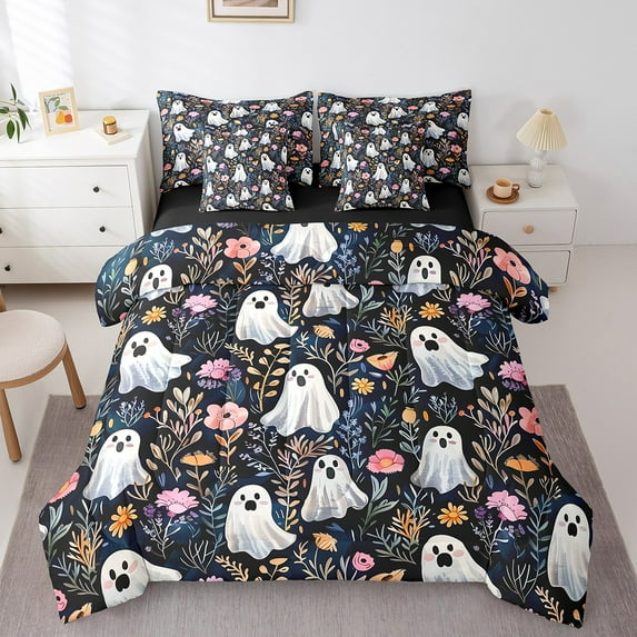 Castle Fairy Halloween Ghost 7-Piece Twin Bedding Sets,Pink Flower Bedding Comforter Set,Festival Theme Breathable Sheet Sets,Microfiber Children Bedroom Decor,Reversible