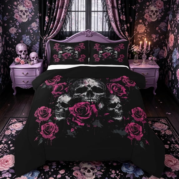 Castle Fairy Halloween Gothic Skull Full Size Comforter Sets 3-Piece,Graffiti Floral Rose Bedding Comforter Set,Magenta Blacks,1 Comforter and 2 Pillowcases,Black Reversible