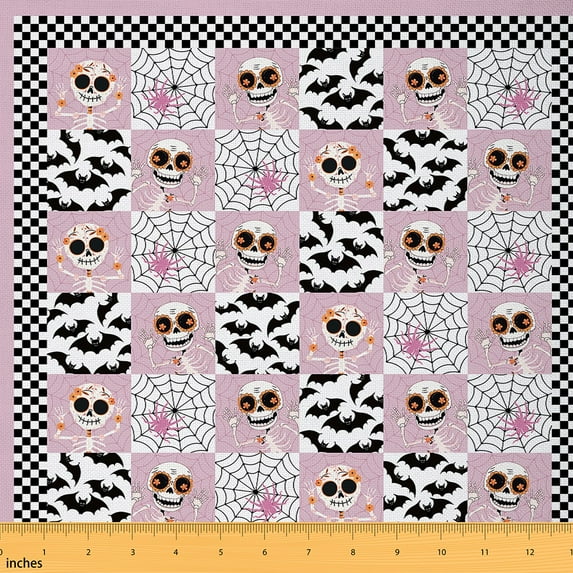 Castle Fairy Halloween Skeleton Fabric by the Yard 1 Yard,Geometric Plaid Home Decor Fabric by the Yard,Spooky Animal Bat Room Decor Fabric by the Yard,Luxury Bedroom Decor