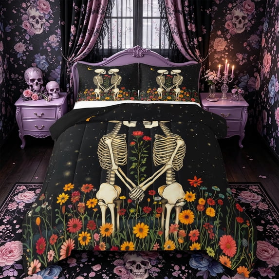 Castle Fairy Halloween Skeleton Lovers Full Size Comforter Sets 3-Piece,Starry Sky Flowers Bedding Comforter Set,Yellow Red Blacks,1 Comforter and 2 Pillowcases,Black Reversible